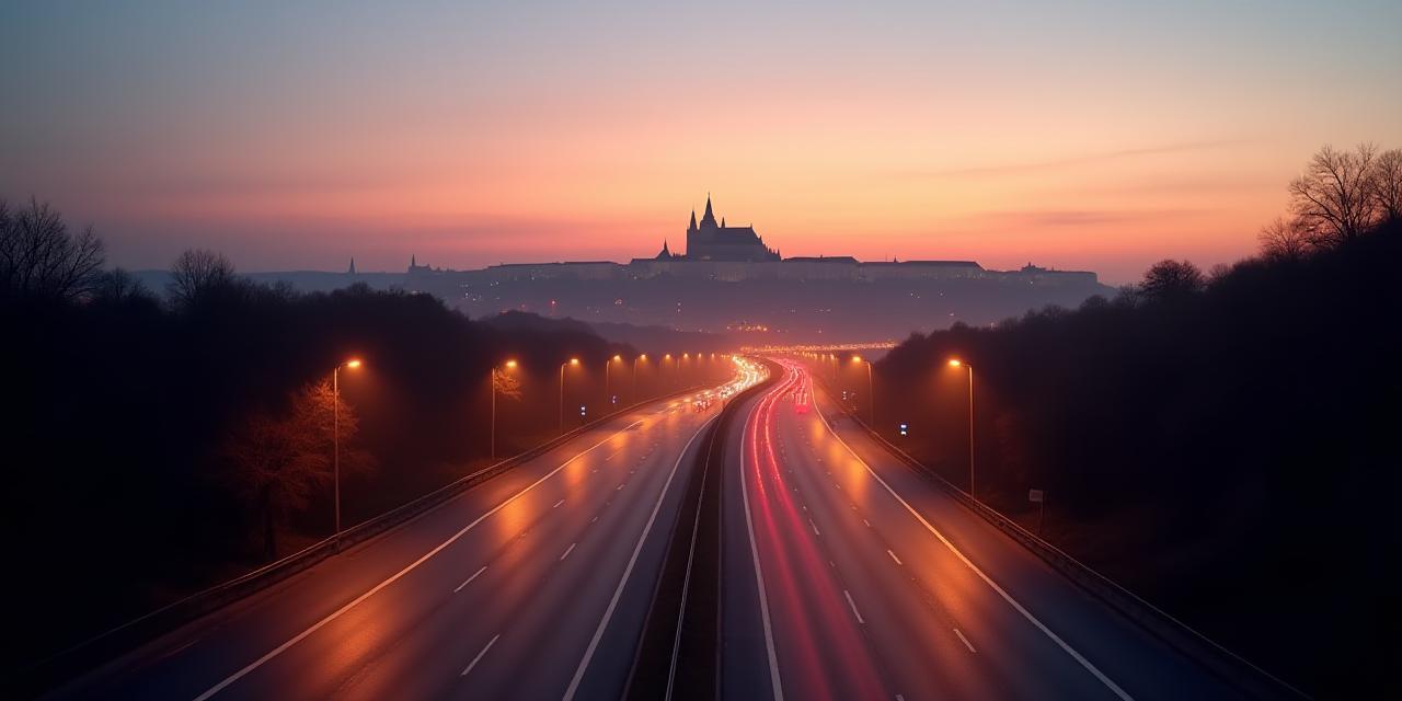 Evening view of Prague motorway with castle skyline